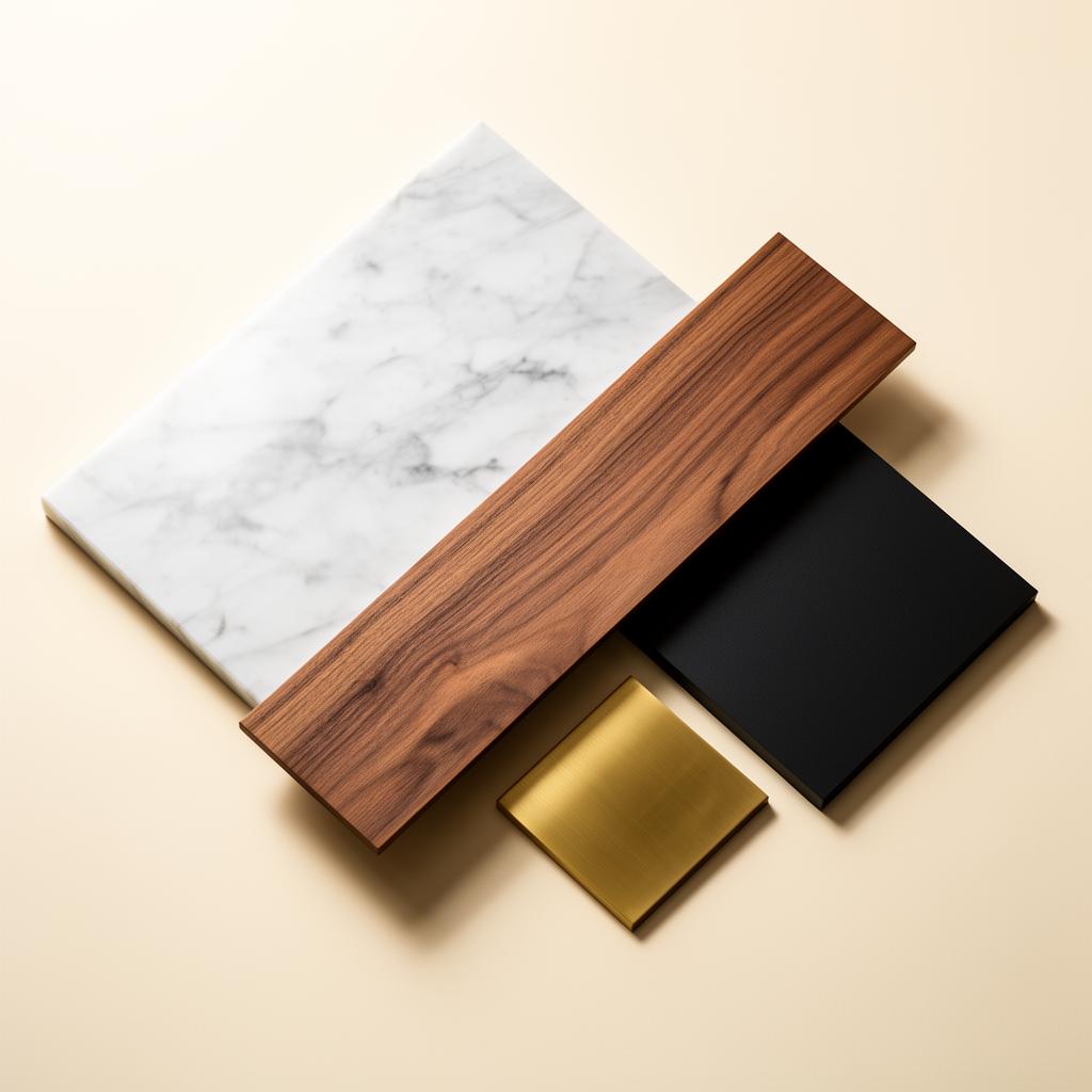 Material-Stillleben: Marmor, Walnussholz, Fenix-Schwarz und Messing