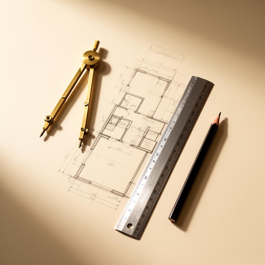 Präzisions-Stillleben: Architekten-Zirkel, Grundriss, Lineal und Stift